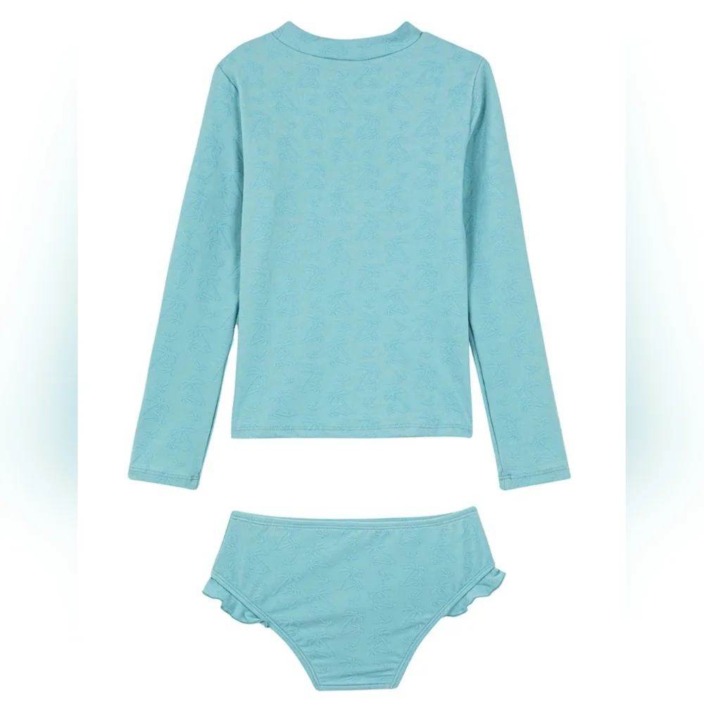 Gottex Kids Swim Set Long Sleeve Rashgaurd Teal Blue Palm Print Size 5 NEW